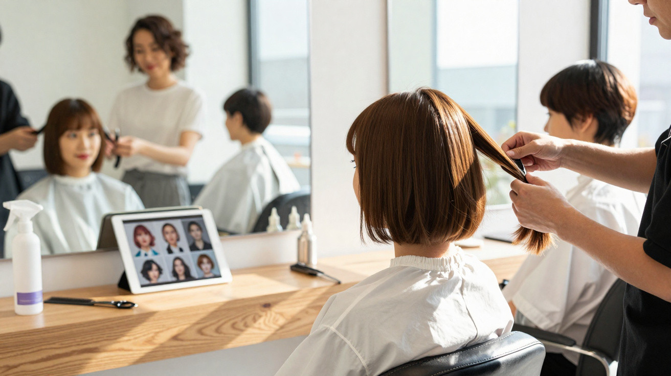 Cliente com cabelo curto em salão de beleza, stylist puxando mechas para corte, tablet com estilos na mesa.