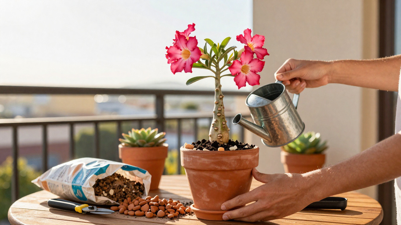 Pessoa regando planta com flores rosas em vaso de cerâmica em mesa ao ar livre em varanda.