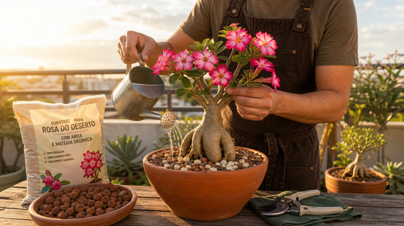 Pessoa regando rosa do deserto em vaso de cerâmica ao pôr do sol em varanda com ferramentas de jardinagem.