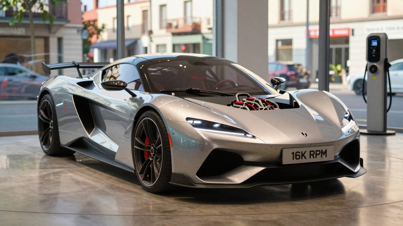 Carro esportivo prata estacionado em ambiente interno com motor exposto no capô e placa 16K RPM.