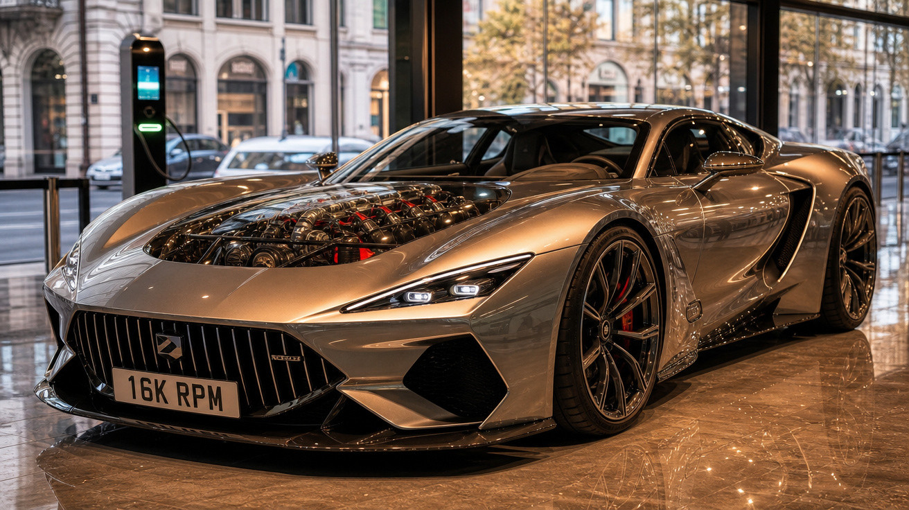 Carro esportivo prata com motor exposto, placa 16K RPM, em ambiente interno com vitrines.