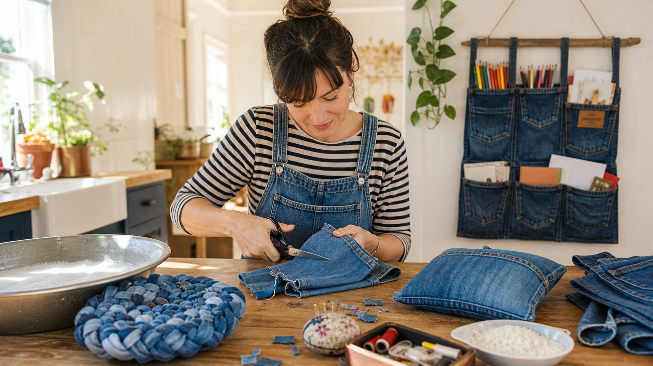 Mulher cortando tecido jeans para artesanato em mesa com materiais de costura e decoração.