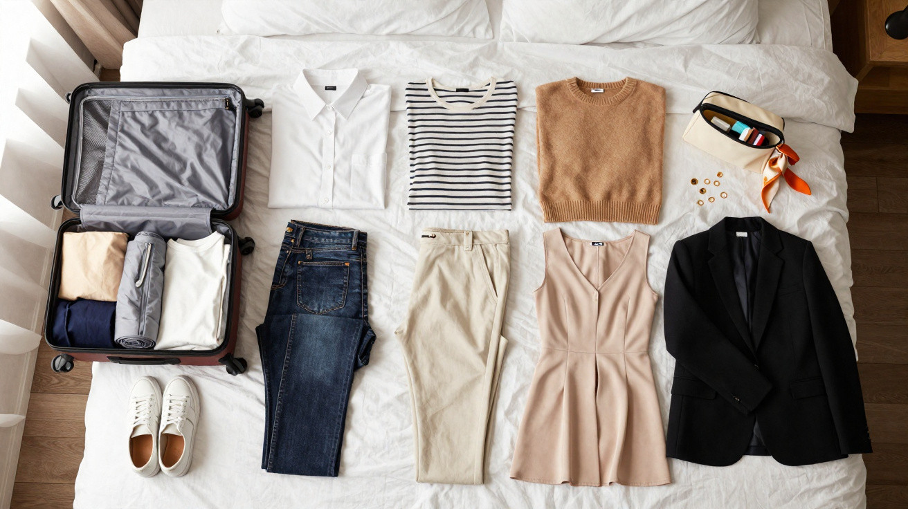 Mala aberta e roupas organizadas sobre cama branca, incluindo calças, blusa, vestido, tênis e acessórios.