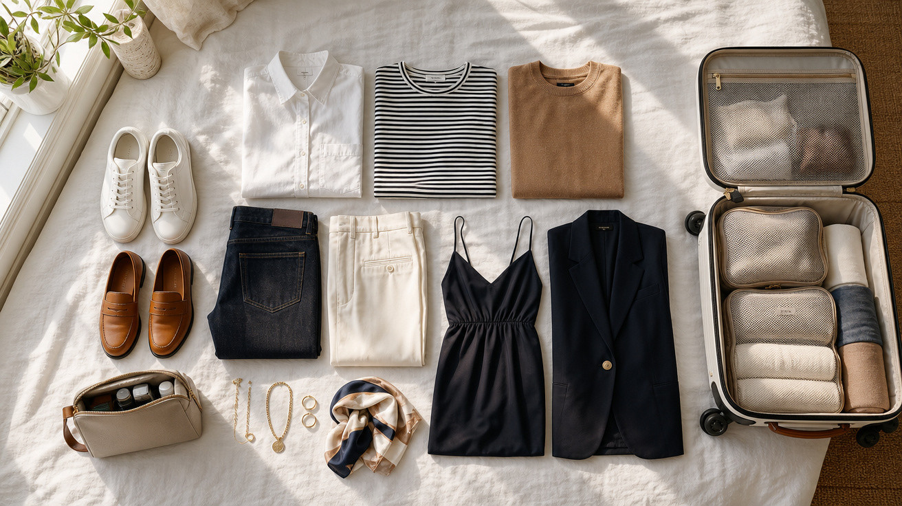 Roupas femininas organizadas em cama, incluindo sapatos, acessórios e mala de viagem aberta com itens arrumados.