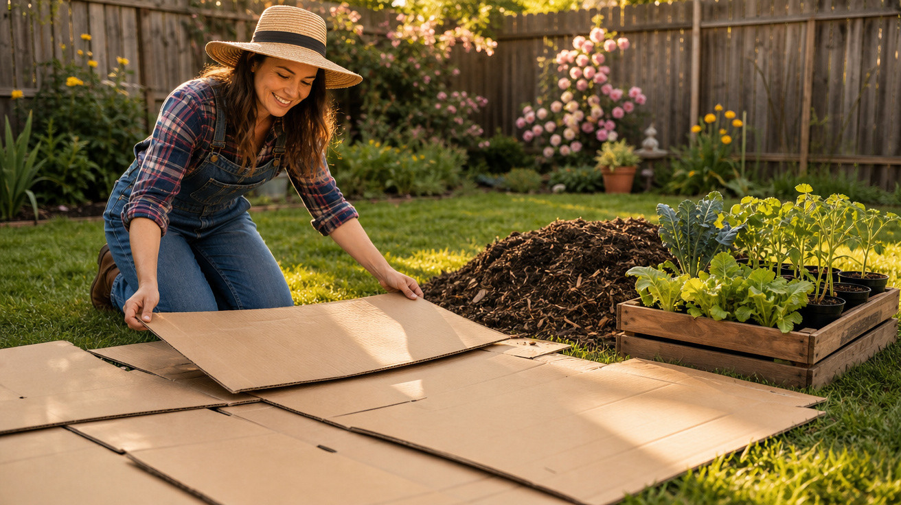 Mulher jardineira montando papelão no jardim ao lado de plantas e compostagem.