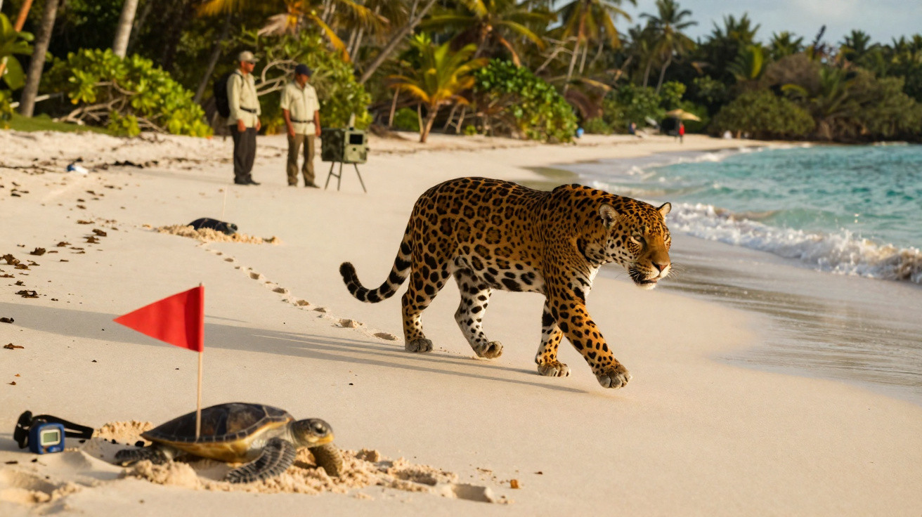 Jaguatirica caminha na praia próxima a tartarugas marinhas e dois homens observando ao fundo.