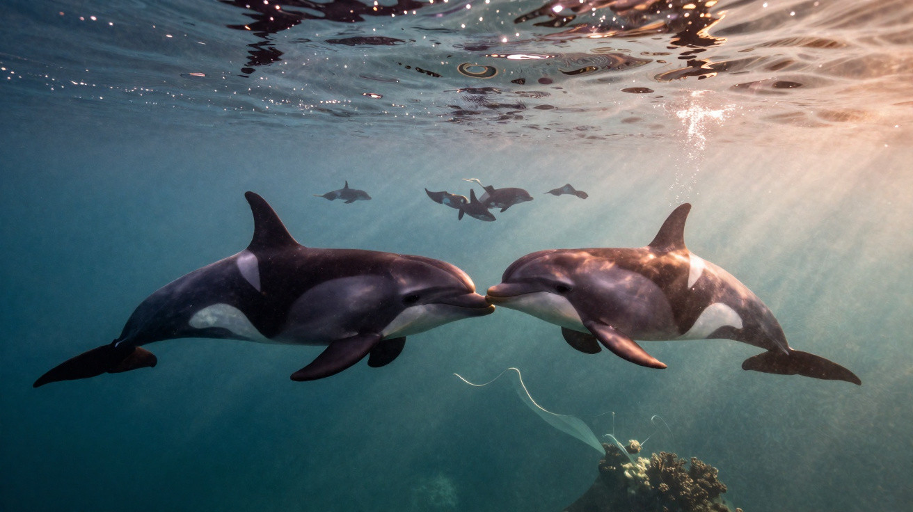 Dois golfinhos se encostando debaixo d'água com outros golfinhos ao fundo e luz solar entrando no mar.