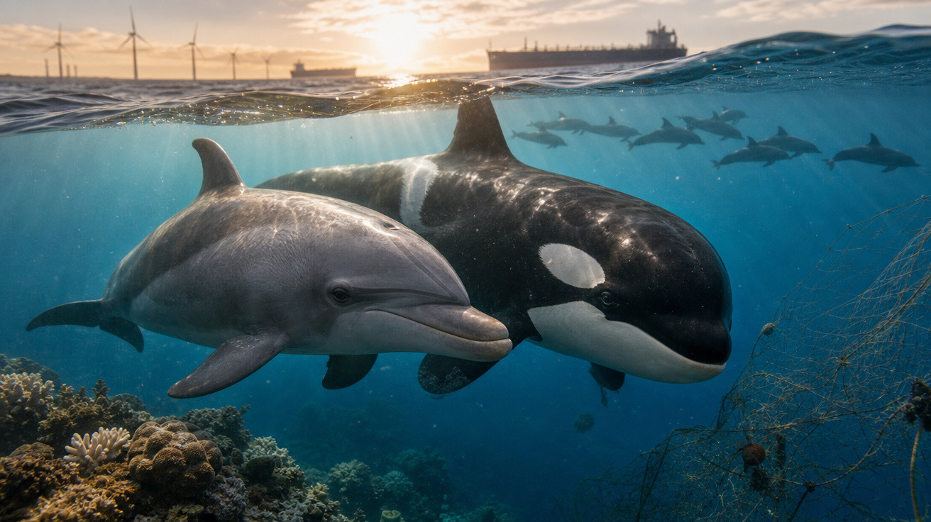 Golfinho e orca nadando próximos ao recife de coral com navios e turbinas eólicas ao fundo, ao pôr do sol.