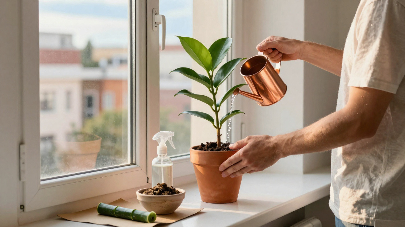 Pessoa regando planta em vaso de cerâmica ao lado de janela com acessórios para jardinagem sobre a mesa.