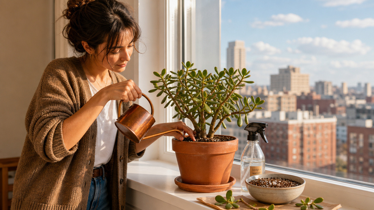 Mulher regando planta suculenta em vaso na janela com cidade ao fundo em dia ensolarado.