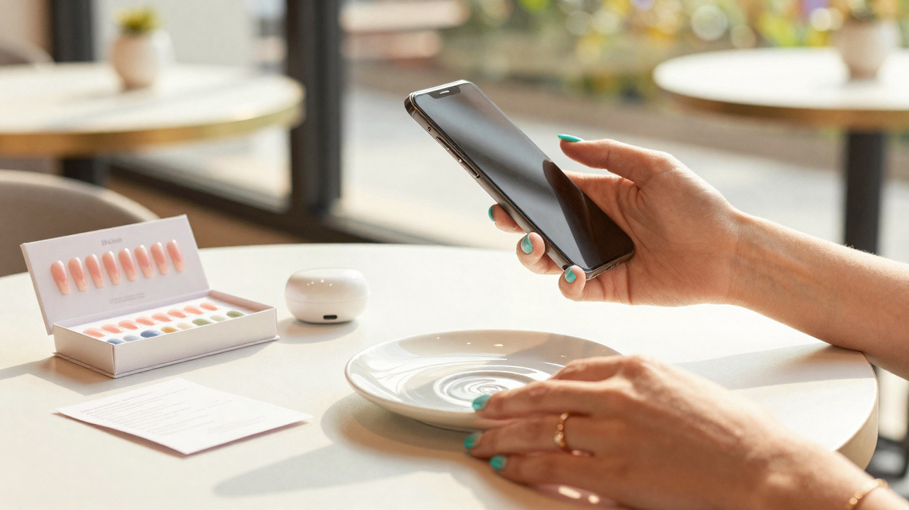 Mãos femininas com unhas pintadas seguram celular sobre mesa com pratos e amostras de esmaltes.