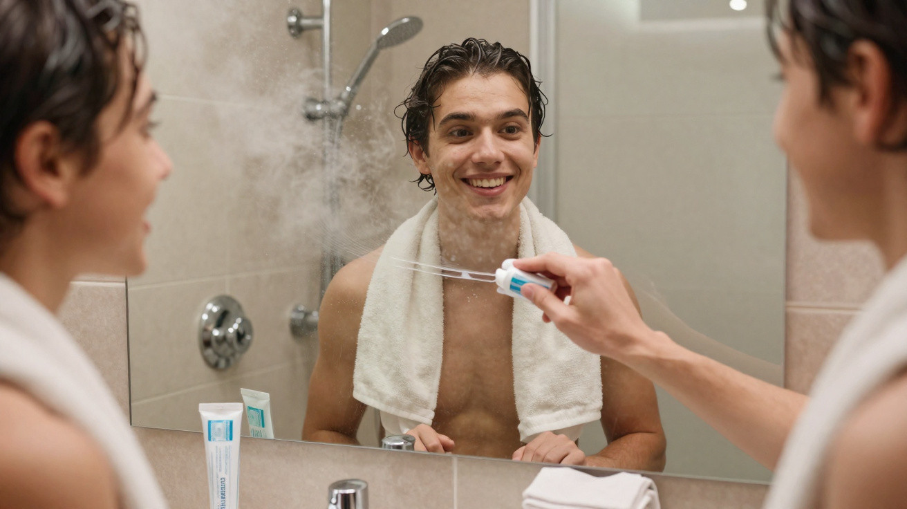 Jovem com toalha no pescoço usa hidratante facial em spray em frente ao espelho do banheiro.