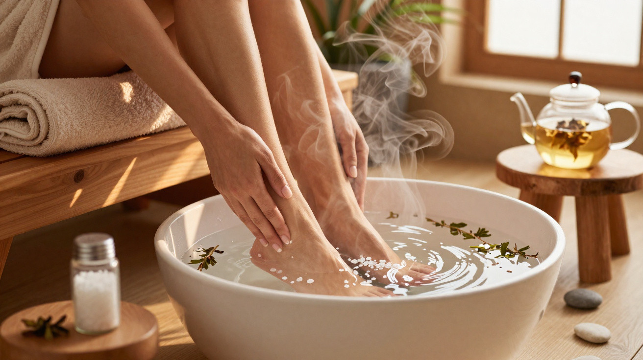 Pessoa relaxando com pés em uma bacia de água quente com ervas e vapor em ambiente aconchegante.