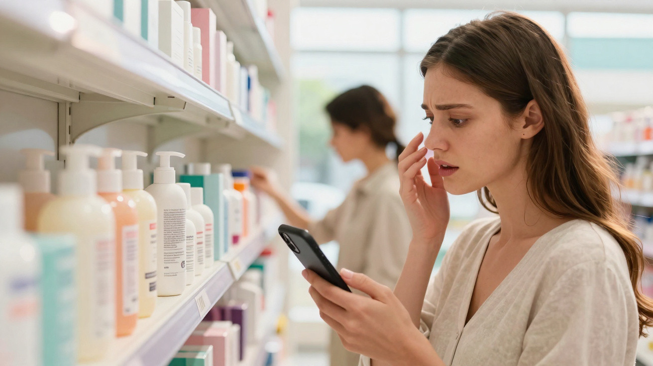 Mulher com expressão preocupada verifica celular enquanto escolhe produtos em prateleira de loja.