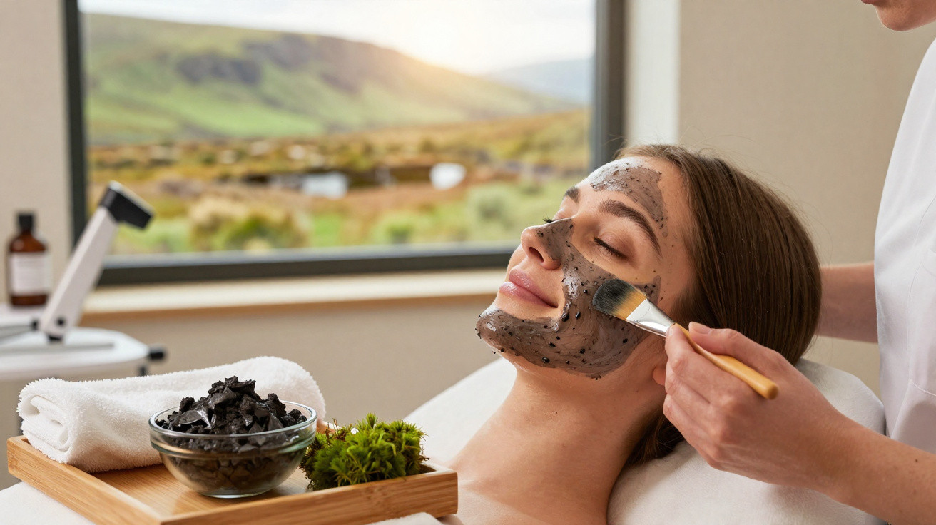 Mulher recebendo aplicação de máscara facial de argila em ambiente relaxante com vista para natureza.