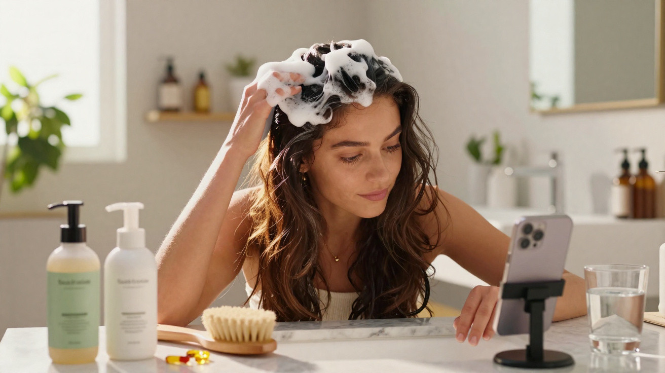 Mulher aplicando shampoo no cabelo enquanto assiste a algo no celular em suporte na mesa do banheiro.