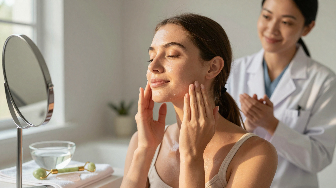 Paciente aplicando creme no rosto com dermatologista observando em consultório iluminado.