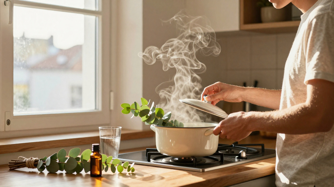 Pessoa tampando panela com vapor saindo enquanto cozinha com ramo de folhas verdes na cozinha iluminada.
