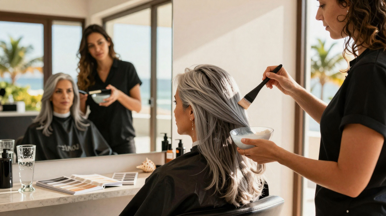Salão de beleza com cabeleireira aplicando tratamento em cabelo grisalho de cliente sentada em frente ao espelho.