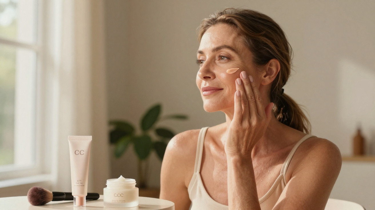 Mulher aplicando creme facial em ambiente iluminado, com produtos de beleza sobre a mesa.