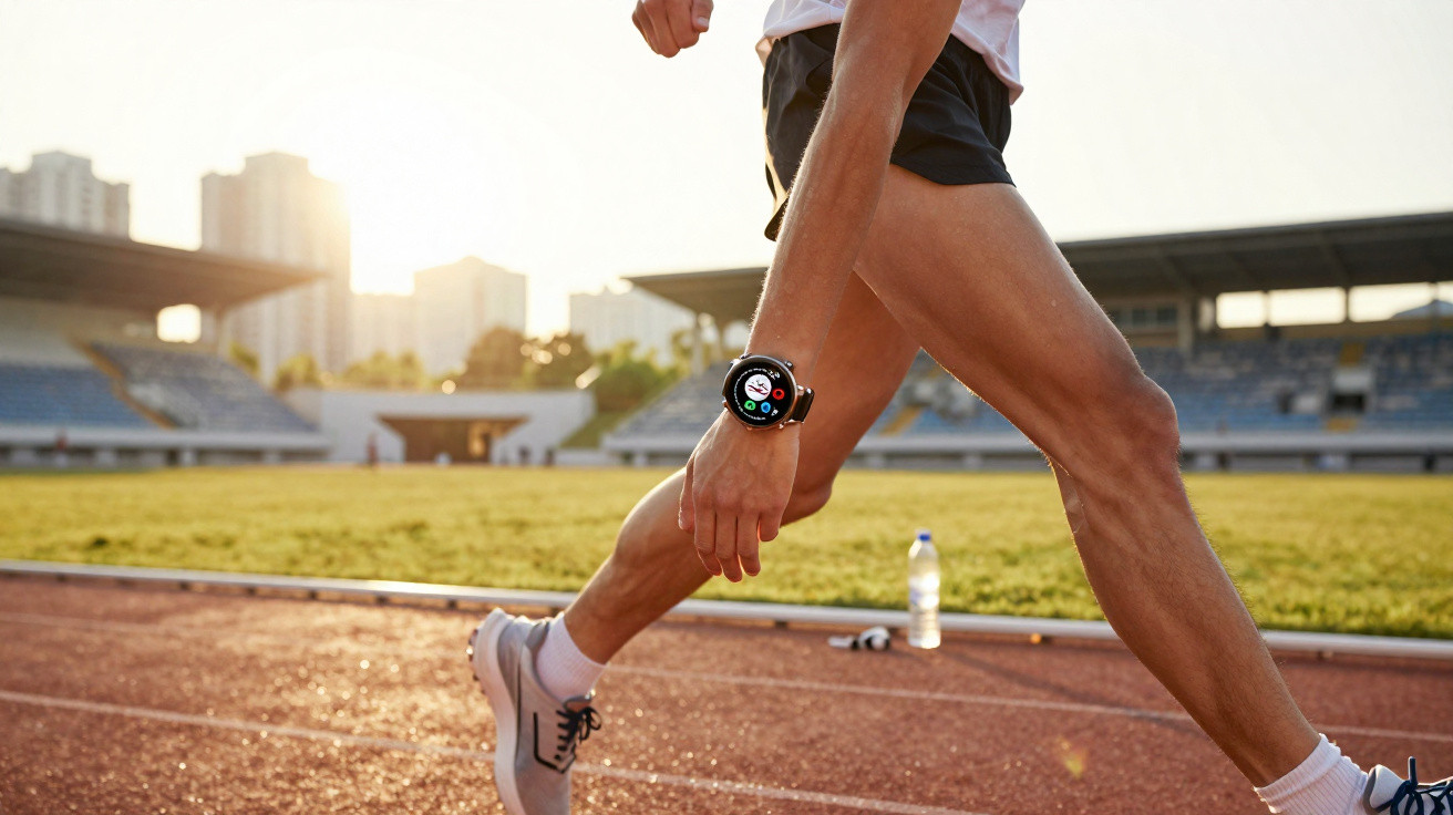 Pessoa caminhando na pista de atletismo usando relógio esportivo para monitorar atividade.