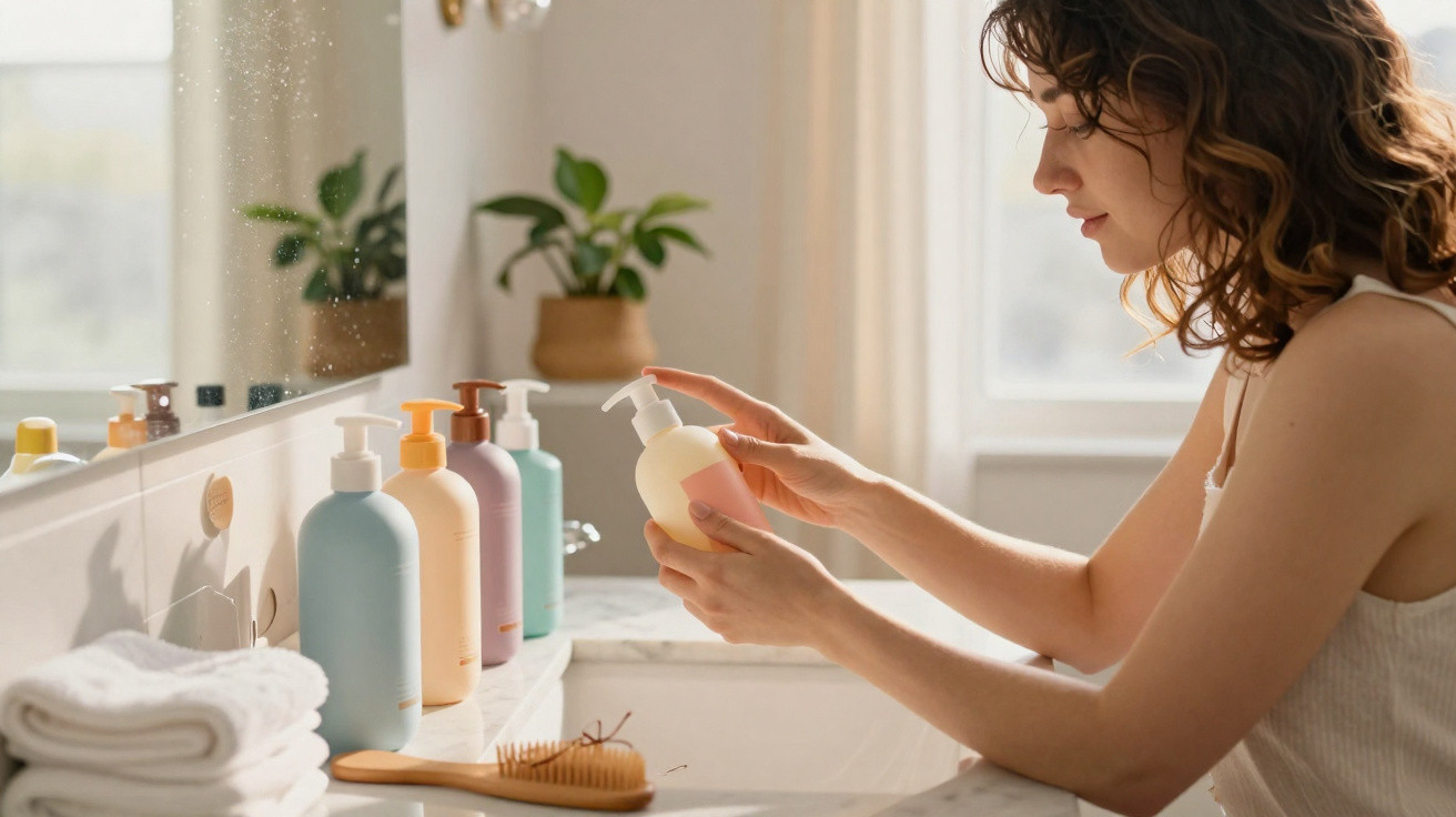 Mulher segurando frasco de sabonete líquido em banheiro com toalhas, pente e plantas ao fundo.