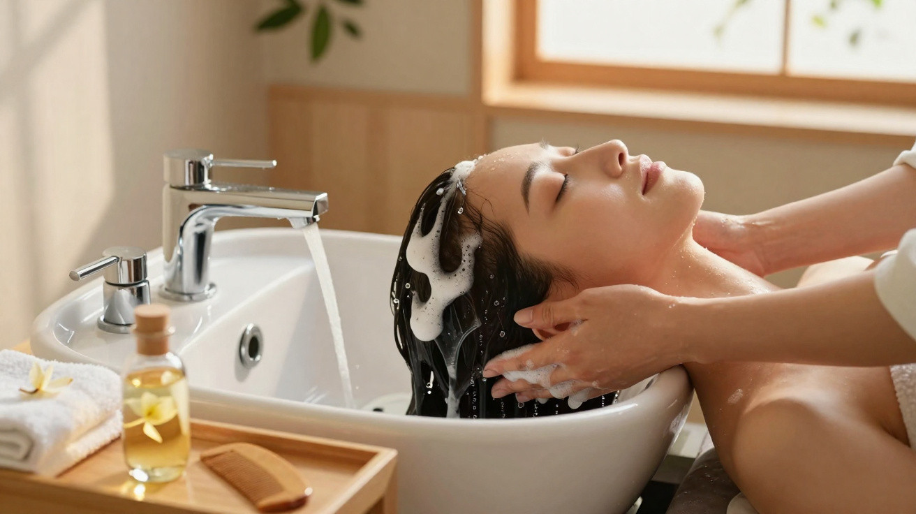 Mulher relaxando com os olhos fechados enquanto lava o cabelo em cuba com espuma e água corrente.