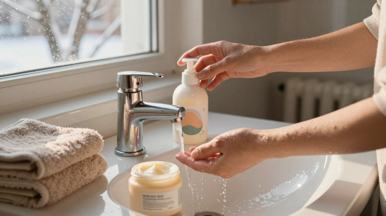 Mãos femininas usando sabonete líquido em pia branca com toalhas e creme próximo à janela.