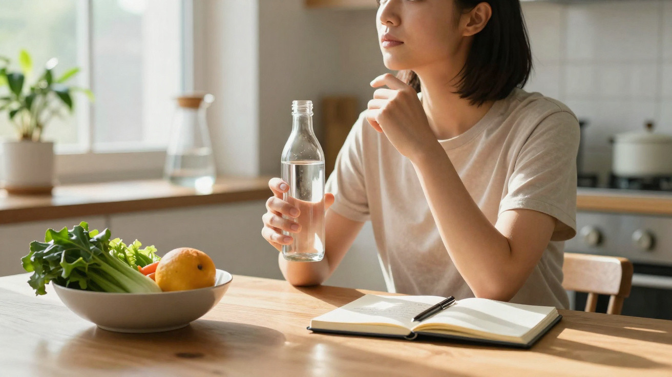 Pessoa sentada à mesa com garrafa de vidro de água, frutas, caderno aberto e caneta em cozinha iluminada.