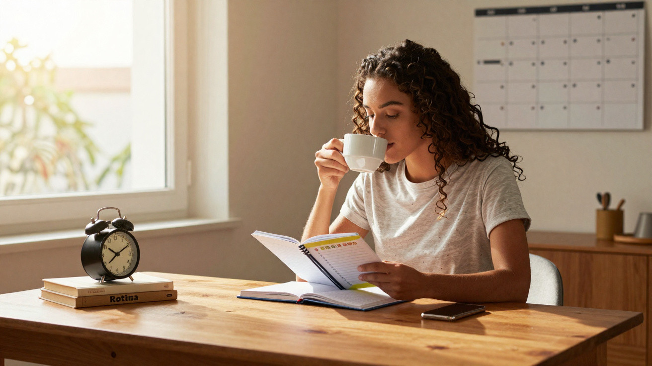 Mulher tomando café e lendo um planner enquanto está sentada à mesa em ambiente iluminado pela manhã.