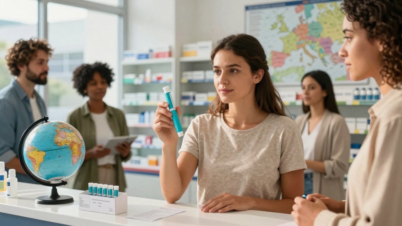 Estudantes em aula prática de farmácia com frascos de medicamentos e globo terrestre em bancada.