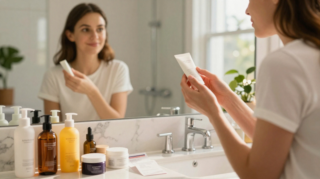 Mulher lendo rótulo de creme em banheiro com vários produtos de skincare no balcão.