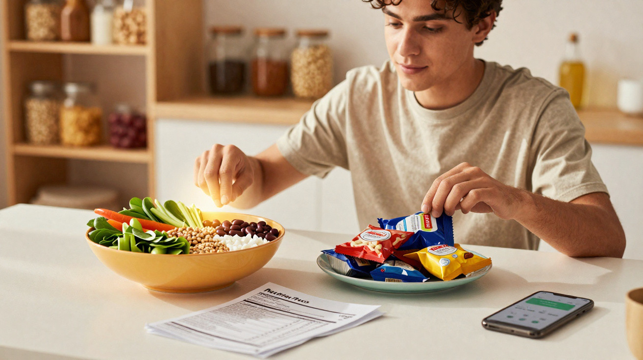 Jovem escolhendo entre um prato com snacks e uma tigela com salada saudável na cozinha.