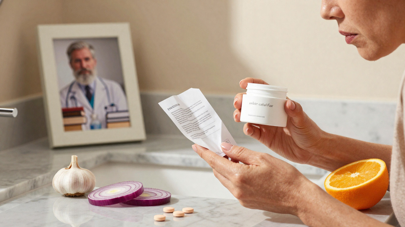 Pessoa lendo bula de medicamento com alho, cebola, comprimidos, laranja e foto de médico ao fundo.