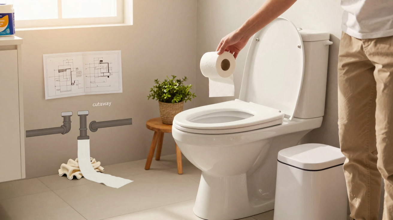 Banheiro com vaso sanitário branco, lixeira, planta em suporte de madeira e mão segurando papel higiênico.