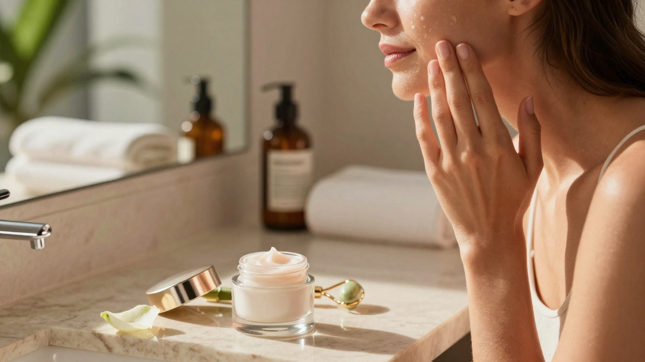 Mulher aplicando creme facial em pele clara, com potes e toalhas no banheiro ao fundo.