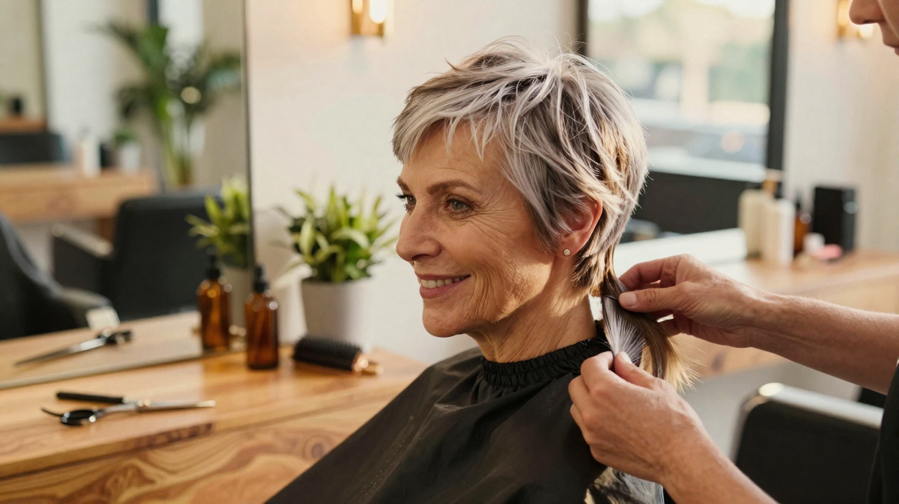 Mulher sorridente com cabelo curto grisalho sendo preparada para corte em salão de beleza.