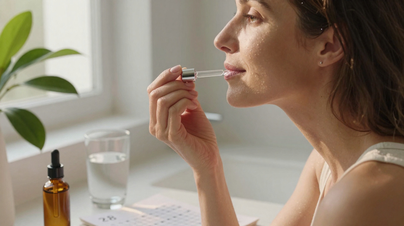 Mulher aplicando sérum facial com conta-gotas em ambiente iluminado e natural.