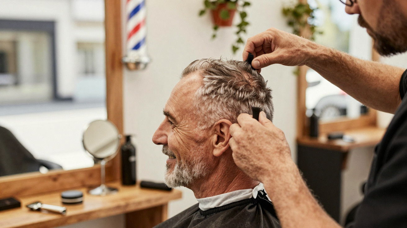 Homem sorridente cortando cabelo em barbearia com barbeiro usando pente e tesoura.