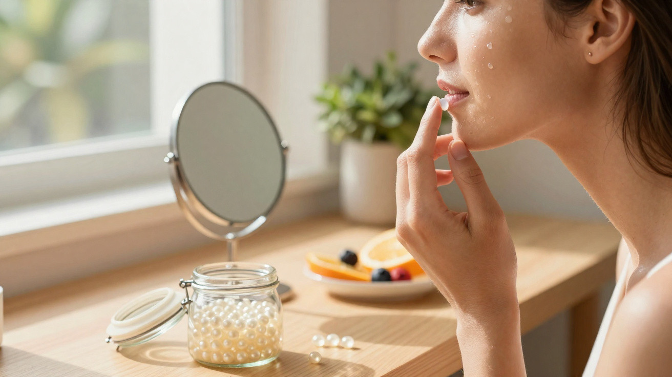 Mulher aplicando creme facial com pérolas em potinho, perto de espelho em mesa de madeira.