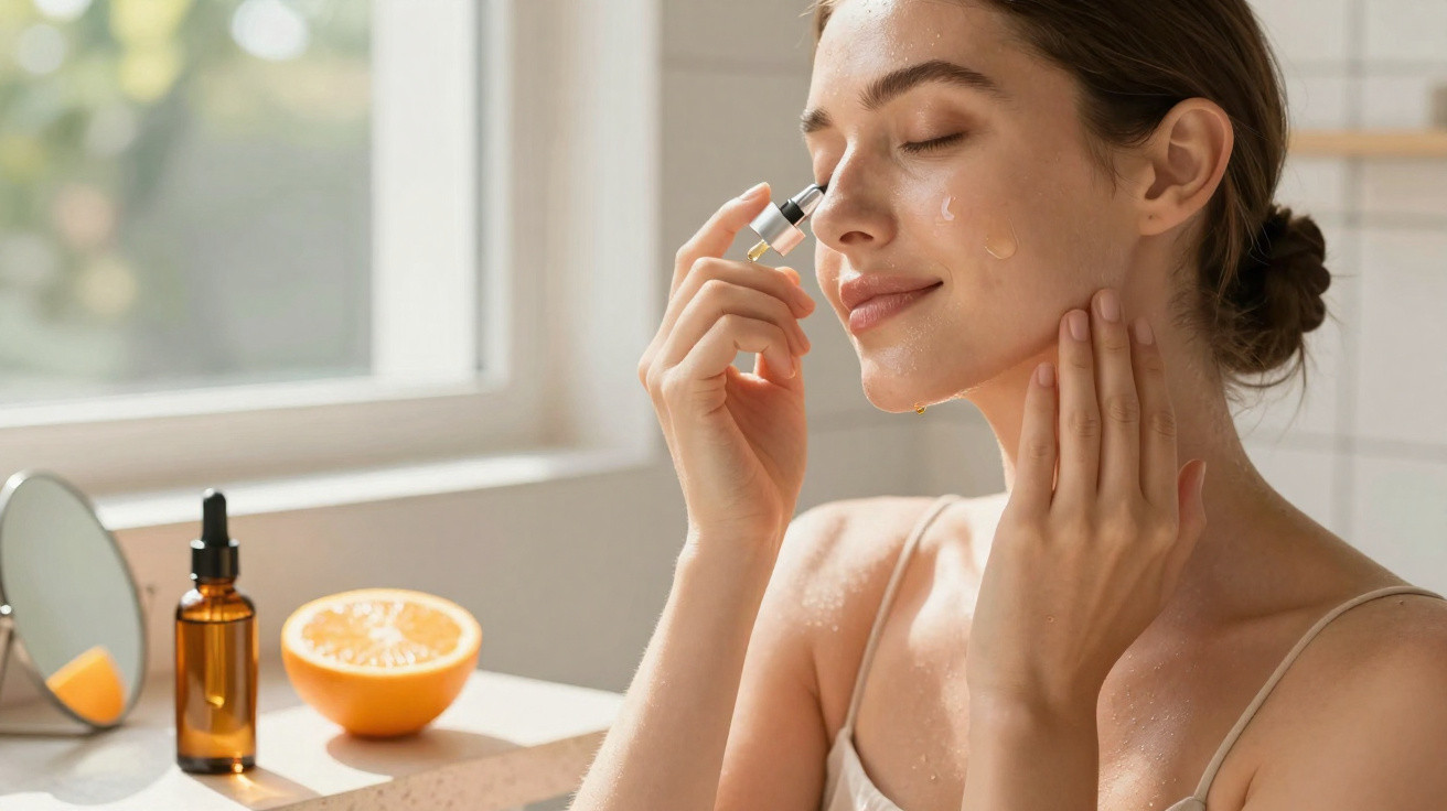 Mulher aplicando sérum facial com conta-gotas em ambiente iluminado e frasco de vidro ao lado.