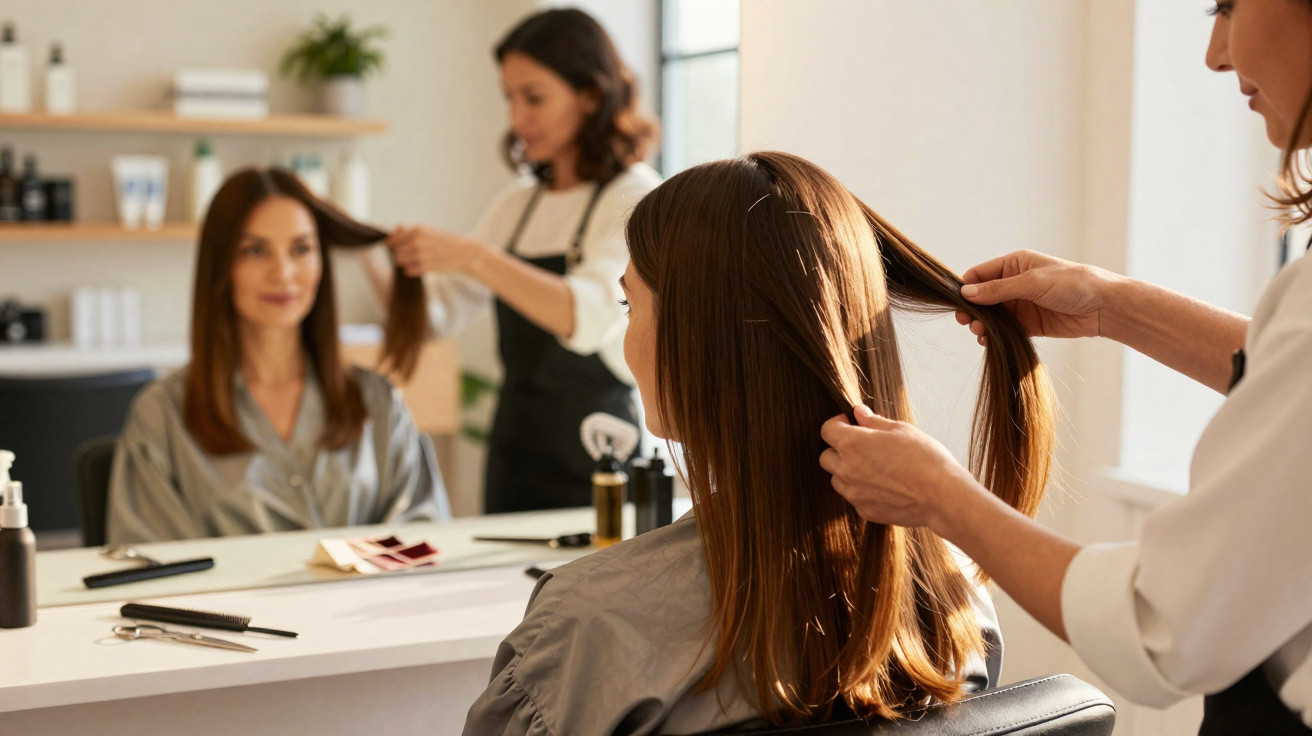 Mulher em salão de beleza tendo cabelo analisado por cabeleireira refletida no espelho.