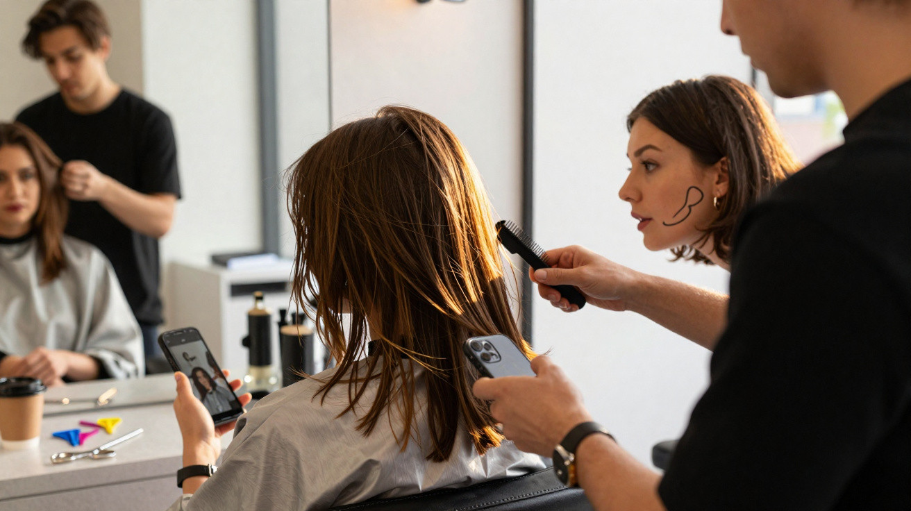 Cliente com capa em salão de beleza, penteando o cabelo, com celular na mão e espelho à frente.