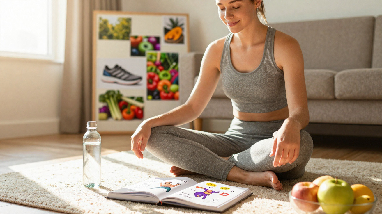 Mulher sentada no chão lendo livro de ilustrações, com garrafa de água e frutas ao lado na sala.