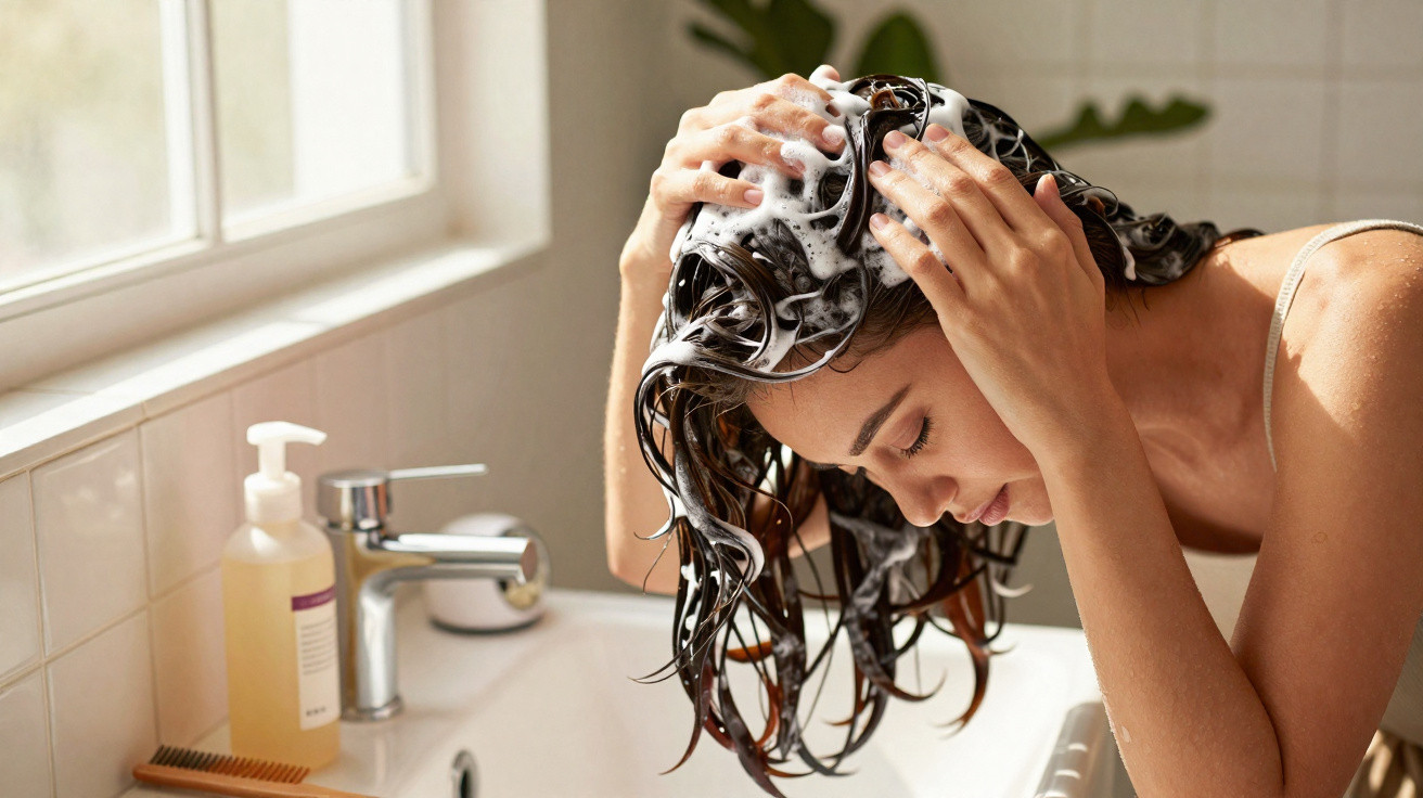 Mulher lavando o cabelo com shampoo e espuma em pia iluminada com luz natural.