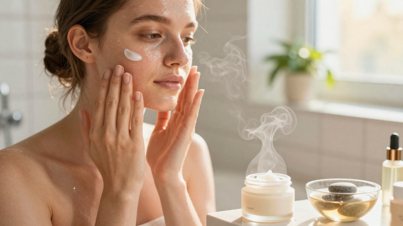 Mulher aplicando creme facial em ambiente iluminado, ao lado de creme quente com vapor e pedras aromáticas.