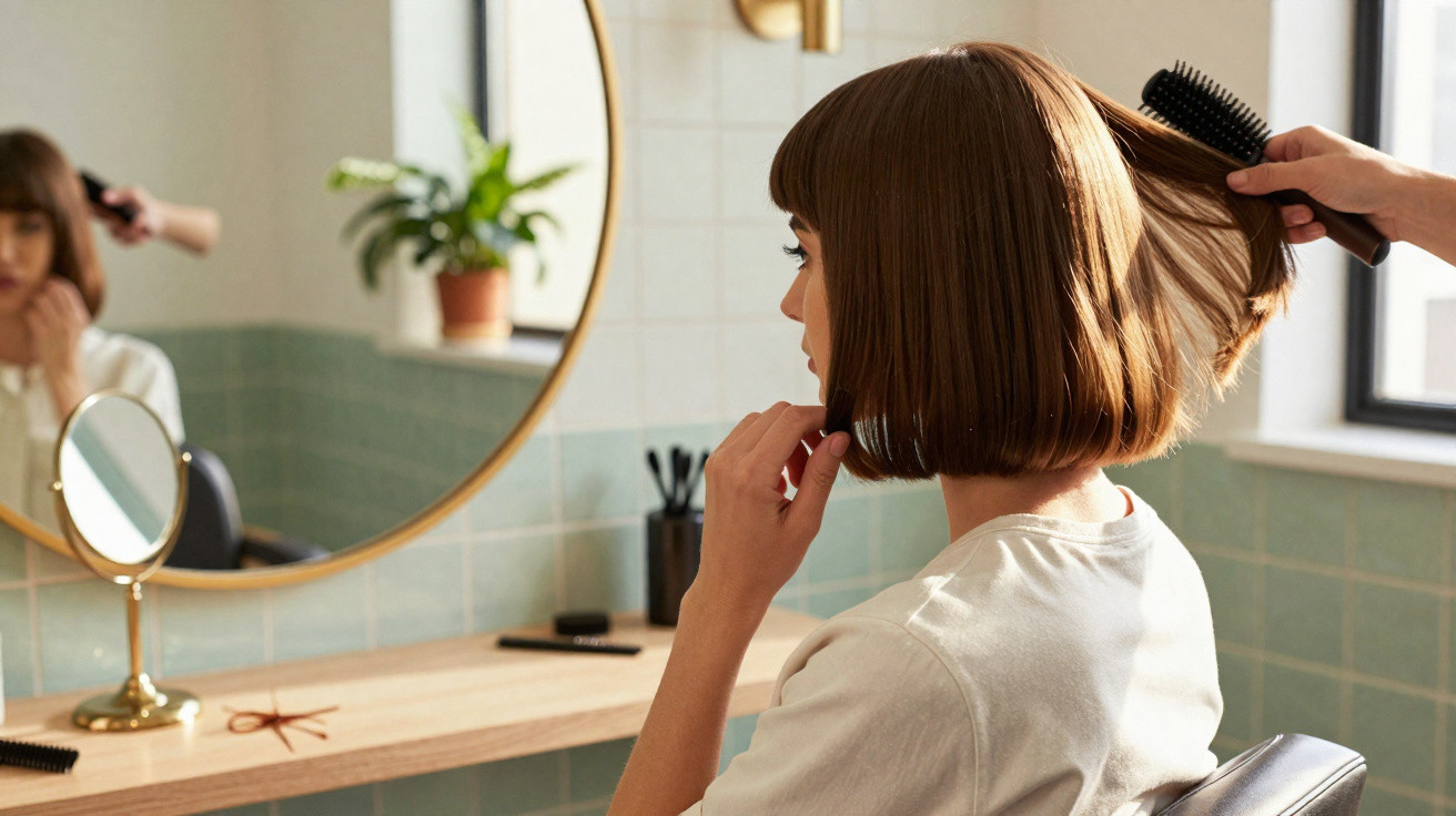 Mulher com cabelo curto sendo penteada em salão de beleza diante de espelho redondo.