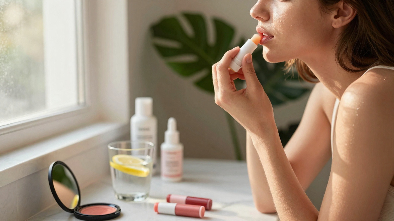 Mulher aplicando protetor labial ao lado de produtos de beleza e copo com água e limão.