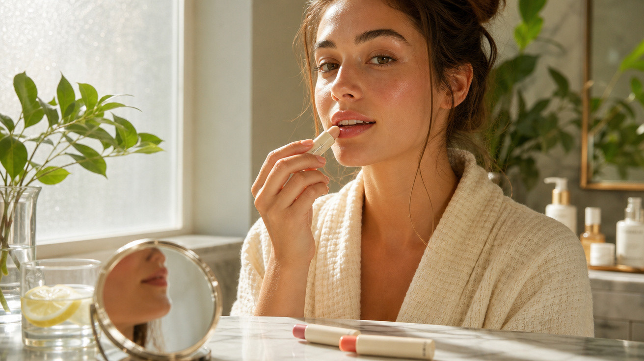 Mulher aplicando bálsamo labial sentada à mesa perto da janela com produtos de beleza e planta ao fundo.
