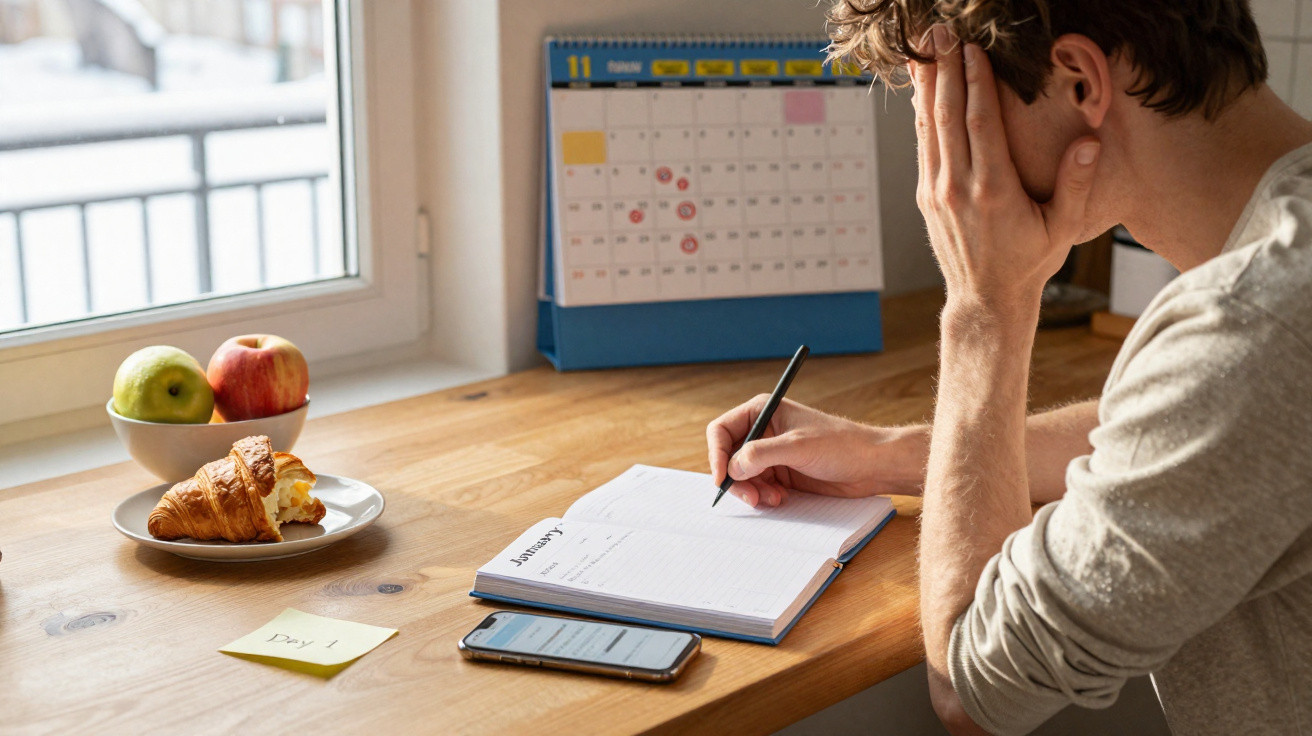 Homem preocupado sentado à mesa, escrevendo em diário, com celular, calendário e café da manhã à vista.